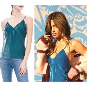 LE SUPERBE Teal Silk Velvet Sleeveless V-Neck Open Low Back Camisole Tank Top 6